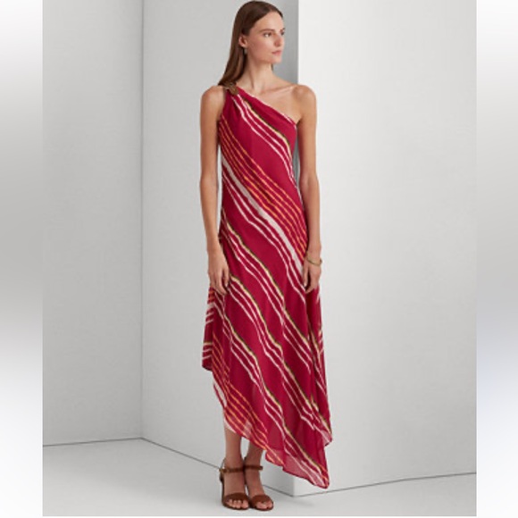 Ralph Lauren Dresses & Skirts - Ralph Lauren Asymmetrical Dress in Pink and White gold leather hardware Sz 12